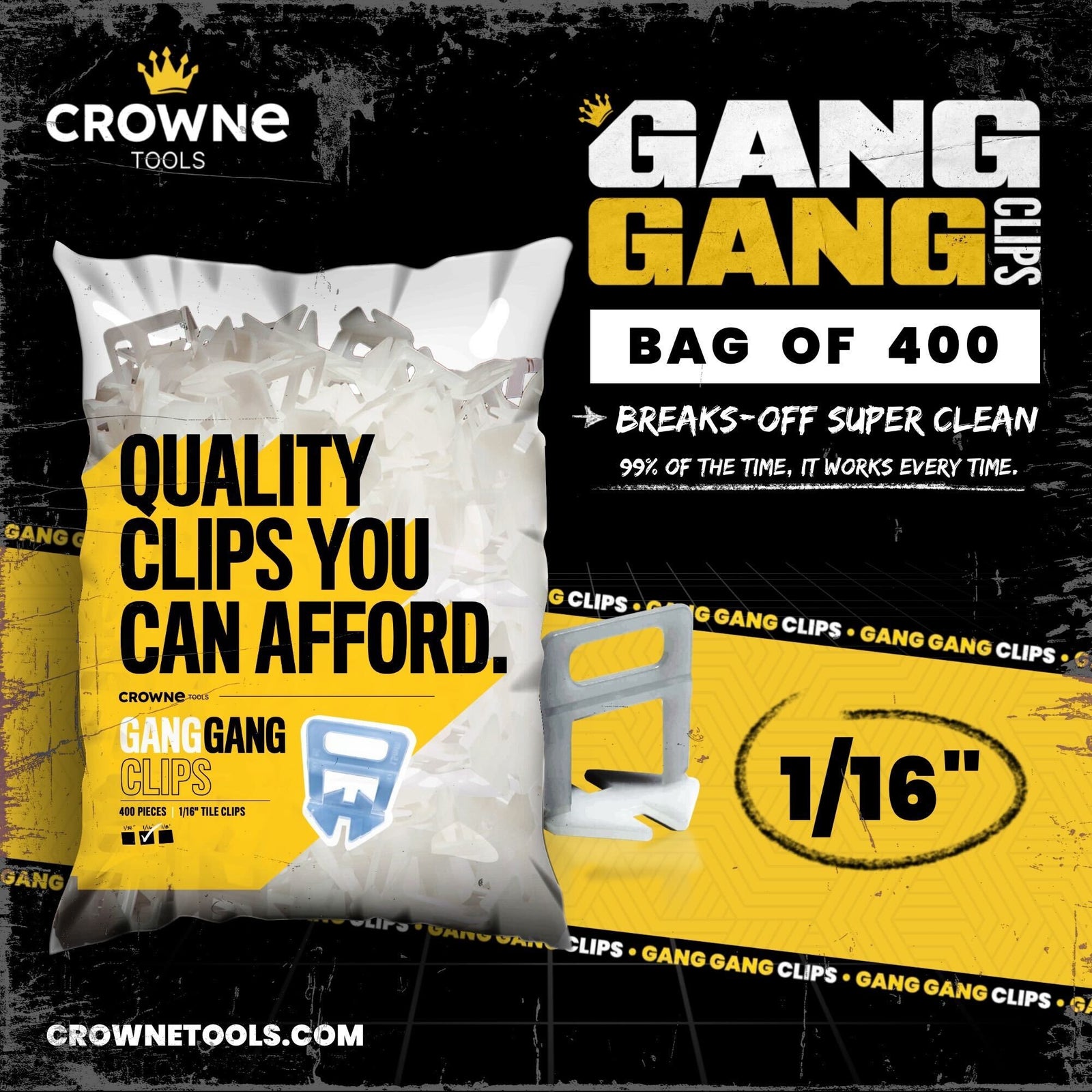 1/16 Tile Leveling Clips Bag of 400 For Professional Tile Installation Gang Gang by Crowne Tools 