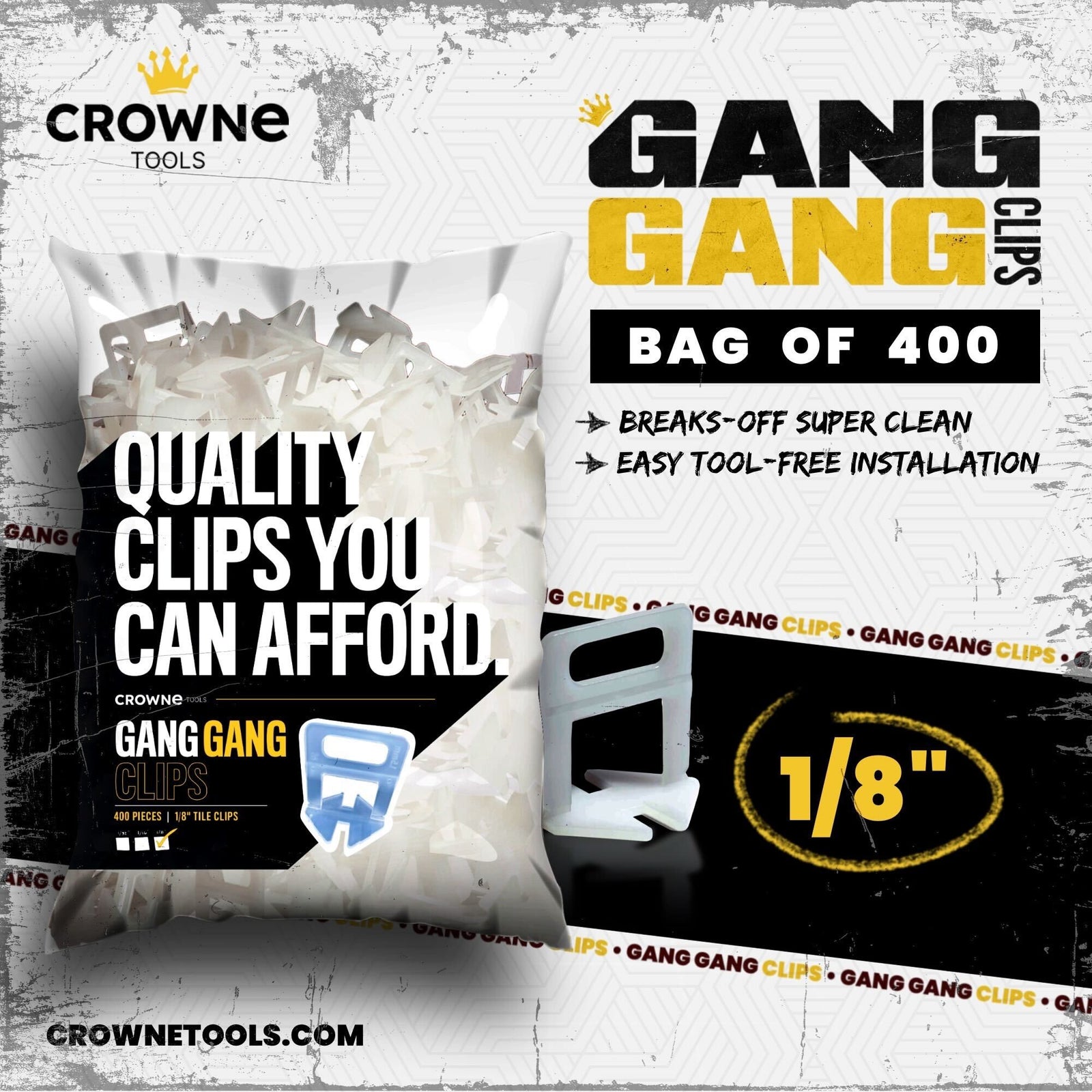 Gang Gang 1/8" Clip Bag of 400 Best Value Professional Tile Install by Crowne Tools