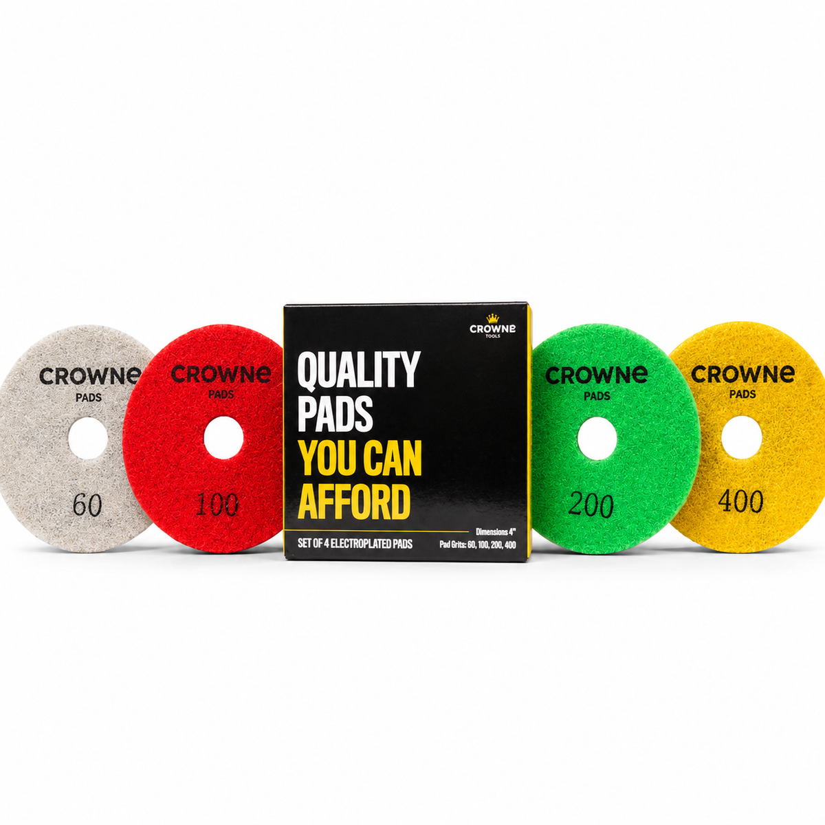 Crowne 4" Electroplated Diamond Polishing Pad Combo Pack (Grits 60, 120, 200, 400)