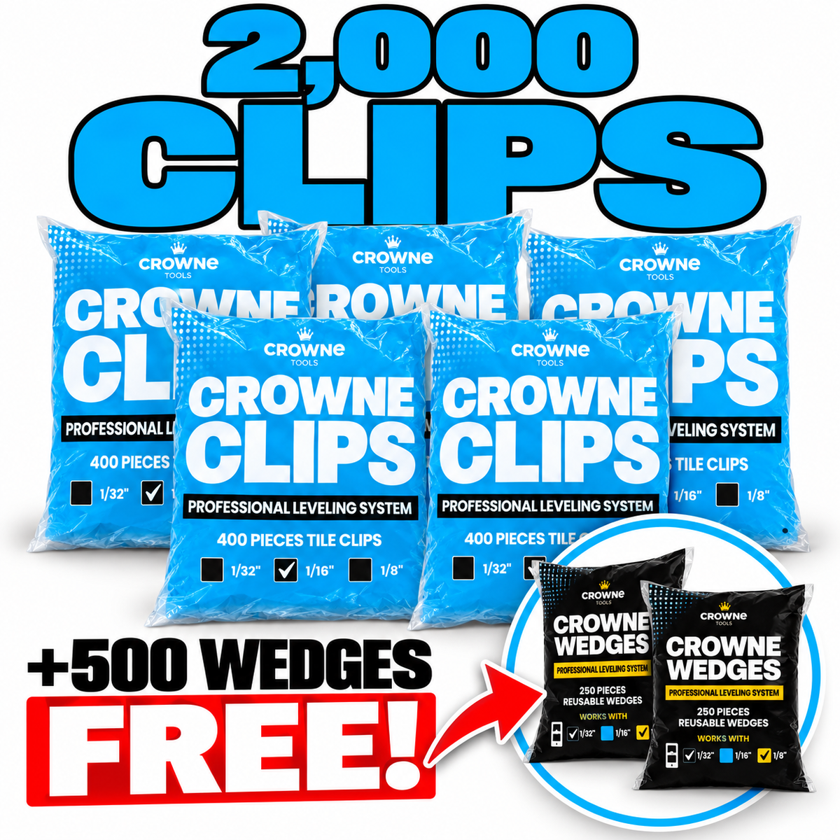 2,000 Clips + FREE Wedges (1/16")